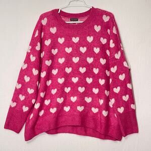 Vince Camuto Sweater Womens Large Pink White Hearts All Over Soft Baggy Pullover